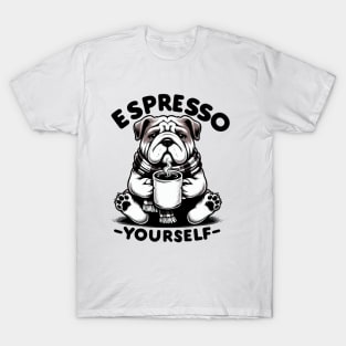 "Warm Espresso Bulldog - Cozy Coffee Humor" T-Shirt